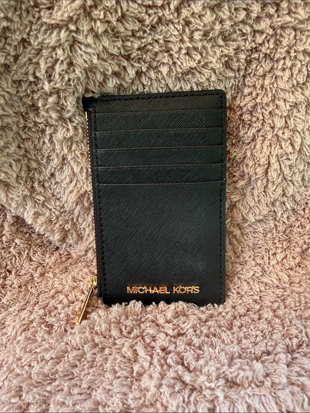 Michael Kors Black Card Holder with Gold Logo and Zip